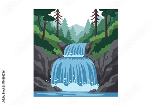 Twotiered Waterfall Surrounded by Forest and Rocky Cliffs Illustration.