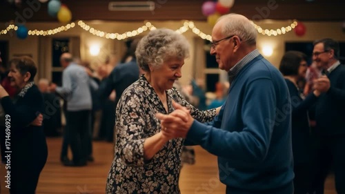 Elderly Couple Dancing in Ballroom Setting with Soft Lighting and Festive Decorations