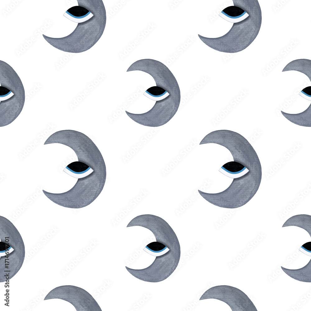 Fototapeta premium Watercolor moon with eye seamless pattern. Gray crescent moons with eyes on white background.