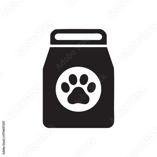 Pet Food Bag Icon with Paw Print Isolated on White Background