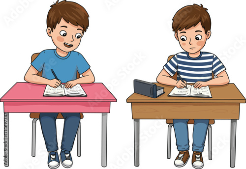 Two boys writing in notebooks at school desks, cartoon illustration, student learning, classroom activity, education concept, child studying, homework time, vector art, young learners, academic work, 