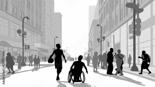 Dynamic city scene featuring inclusive sports with basketball player and wheelchair athlete