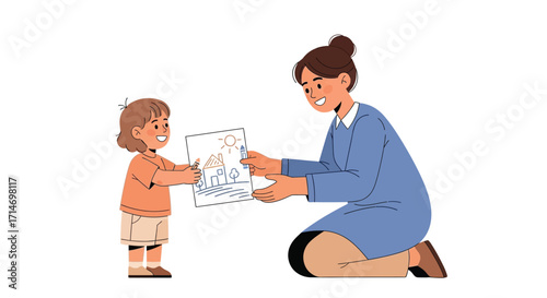 Vector art of mother showing drawing to her child