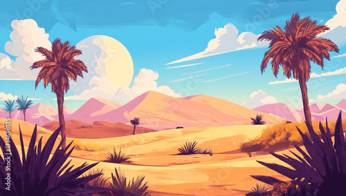 Colorful desert oasis illustration with palm trees, golden sand dunes, and mountains under a bright sky