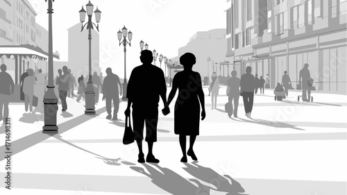 Romantic senior couple strolling hand in hand through vibrant city street scene, enjoying life together