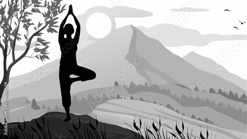 Silhouette yoga pose in nature, serene mountain landscape, mindfulness and wellness concept, peaceful outdoors