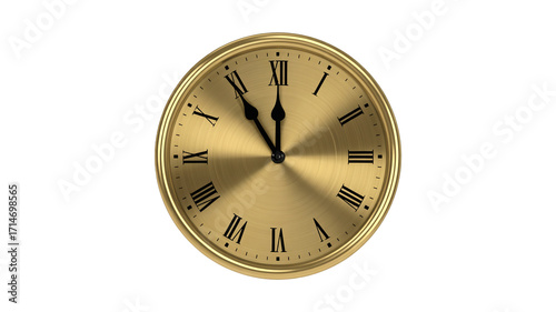 Elegant gold clock with roman numerals showing eleven o'clock on transparent background