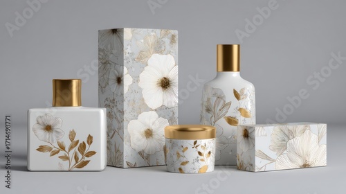 Elegant cosmetic packaging set with white and gold floral design, perfect for beauty and skincare products display