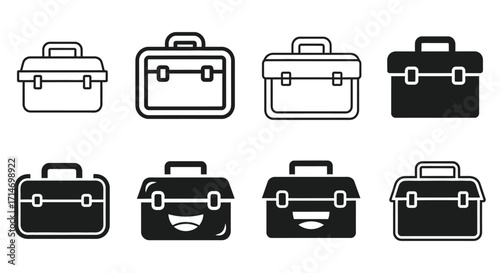 Vector art of set of toolbox icons, representing various styles and designs for tool storage and organization needs