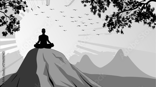 Find inner peace with this beautiful mountain meditation scene, great for mindfulness apps and wellness brands