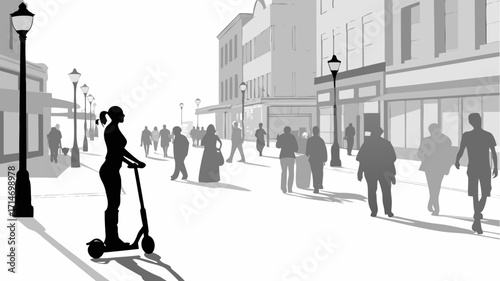 Woman riding electric scooter on city street among pedestrians, modern urban lifestyle