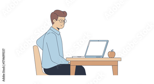 Vector art of man with back pain sitting at desk with laptop