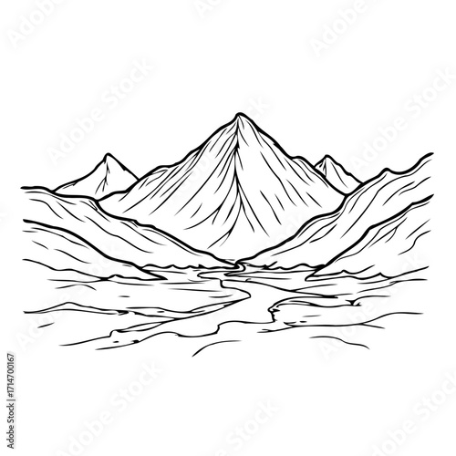 Monochrome mountain landscape drawing with winding river, showcasing minimalist beauty and natural