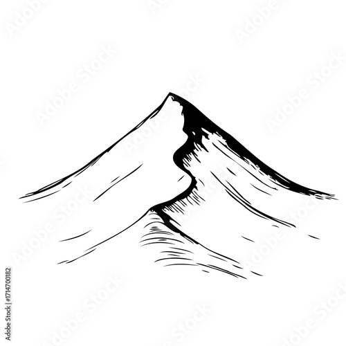 Monochrome mountain range illustration displaying a graphic rocky peak with distinctive contours