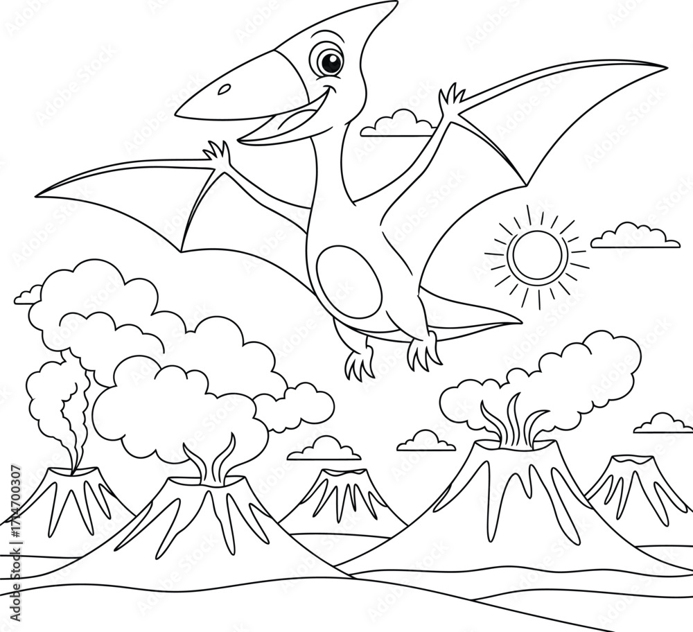 Fototapeta premium Happy Cartoon Pterodactyl Flying Over Erupting Volcanoes - Fun Prehistoric Scene Coloring Book Page for Kids
