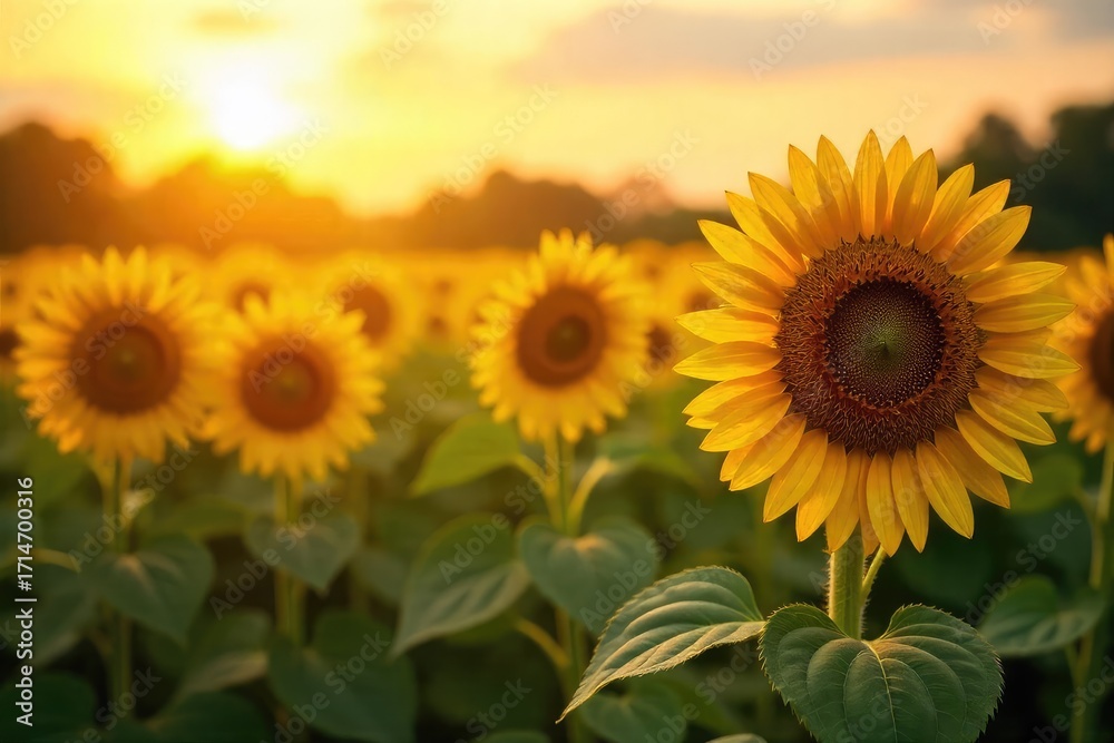 Obraz premium Golden Hour Sunflowers Ripe Heads Bowing Under Summers Bounty, Vibrant Nature Scene