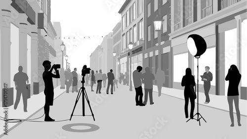 Street photography shoot with camera crew capturing city life for commercial use, urban lifestyle