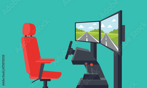Driving simulator setup with comfortable red chair and dual screens displaying a scenic road perfect for training or virtual experiences