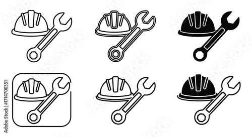 Vector art of various construction icons featuring a hard hat and wrench, symbolizing safety and repair