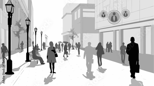 City street scene with strolling pedestrians in a modern urban environment, sophisticated city life