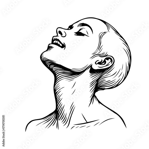 Monochrome sketch of a woman looking up to the sky with a peaceful and serene expression