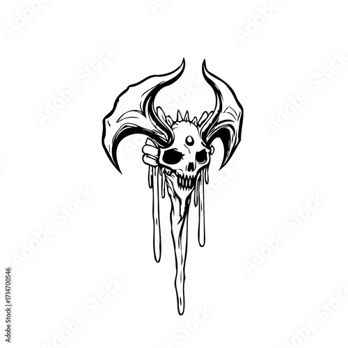 Monochrome surreal depiction of a skull with curved elements, conveying a dark ethereal mystical