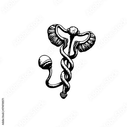 Monochrome vector image exhibiting a spiraling medical emblem with winged details and stylized