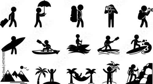 Active lifestyle, Adventure and beach sports silhouette icons set. People surfing, kayaking, hiking, traveling, and beach sports vector illustration