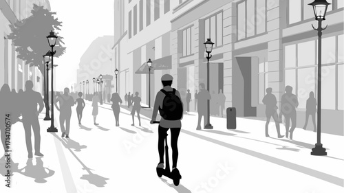 Modern city street with people walking and riding scooters on a sunny day illustration