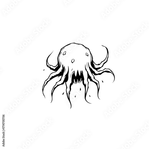 Mysterious deep sea creature ink drawing with menacing tentacles and haunting underwater presence