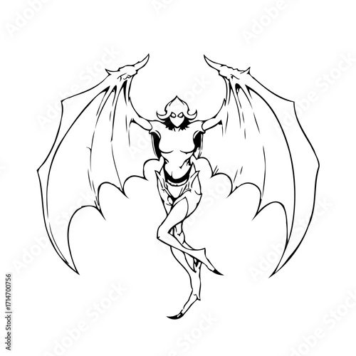 Mysterious winged figure illustration evoking fantasy with intricate detailing and an enigmatic