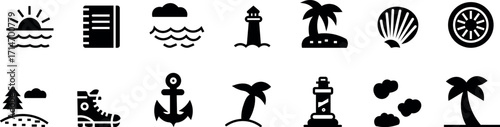 Beach and summer activity icons set vector – swimming, surfing, fishing, travel, anchor, seashells