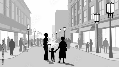 Celebrating the holiday with family on city street, sparklers adding magic to street scene
