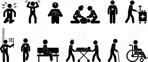 Medical emergency stickman icons set. Patient care, stretcher, wheelchair, hospital scene vector illustration