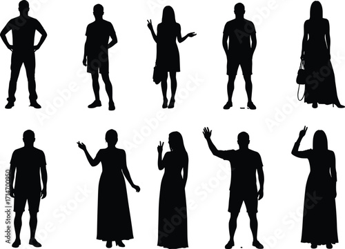 Silhouette collection of casual men and women standing in different poses with hand gestures waving isolated vector illustration design