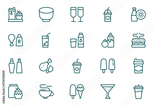 Takeaway Outline icon set. Fast food vector icon line set. Burger sandwich pizza hot dog cola coffee sweets. Thin outline icons pack. Vector illustration