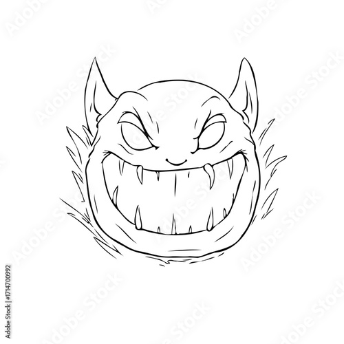 Outlined whimsical demon face sketch with sharp teeth a playful yet slightly menacing expression