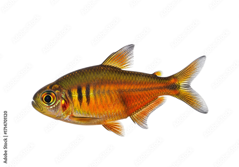 Naklejka premium A side view of a small, colorful fish with intricate patterns and vibrant orange and brown hues, set against a plain black background.