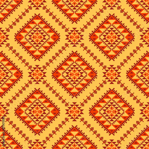 Geometric ethnic pattern seamless background texture, tribal fabric decoration, native style art print graphic design element, carpet wallpaper clothing wrapping batik fabric embroidery style vector