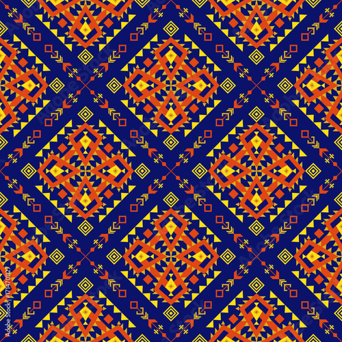 Geometric ethnic pattern seamless background texture, tribal fabric decoration, native style art print graphic design element, carpet wallpaper clothing wrapping batik fabric embroidery style vector