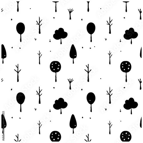 Playful monochromatic arboreal silhouettes create a whimsical and enchanting forest pattern ideal