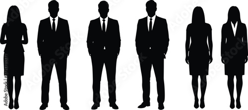 Silhouette group of business professionals men and women in formal office attire standing in a row teamwork illustration vector
