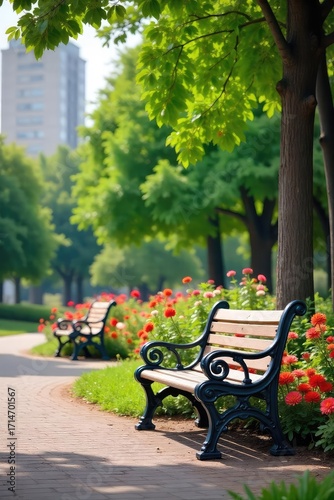 Picturesque Urban Park Ornate Benches, Vibrant Flowers, and Lush Landscaping