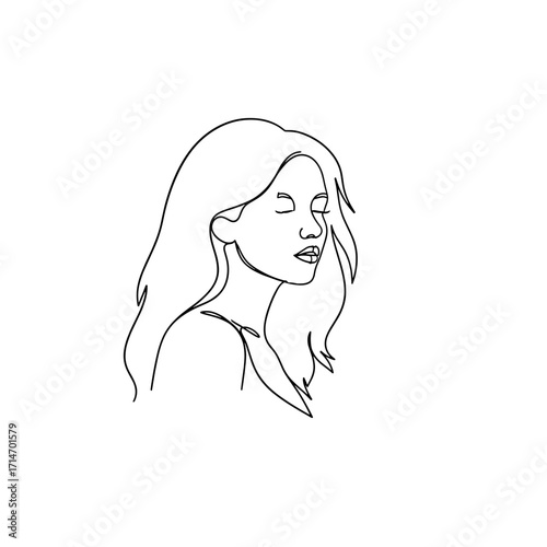 Line art of a calm woman with long hair and closed eyes  