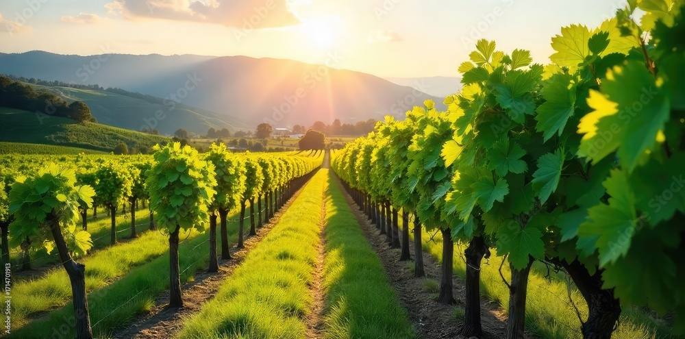Fototapeta premium Rows of lush, green grapevines stretching across a sun-drenched hillside, ready for harvest The perfect image for vineyard, wine, and winemaking concepts , landscape, farming