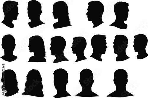 Collection of male and female head silhouette profiles in black, side and front view, hairstyle variation avatar icon set