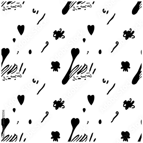 Seamless monochrome abstract pattern evokes playful creativity through scattered shapes and