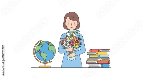 Vector art of teacher holding flowers with globe and books
