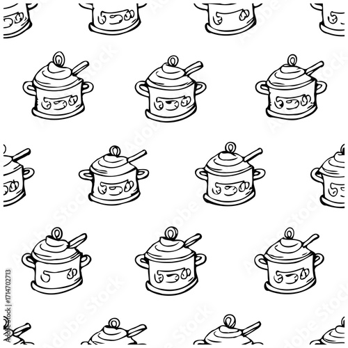 Seamless repeating pattern featuring hand drawn soup pots, creating a culinary themed wallpaper