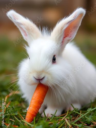 A fluffy white bunny with a fluffy tail, nibbling on a carrot2